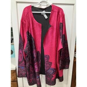 Catherines sz 5X Boho Open Front Kimono Duster Crinkle Floral Paisley Black Pink